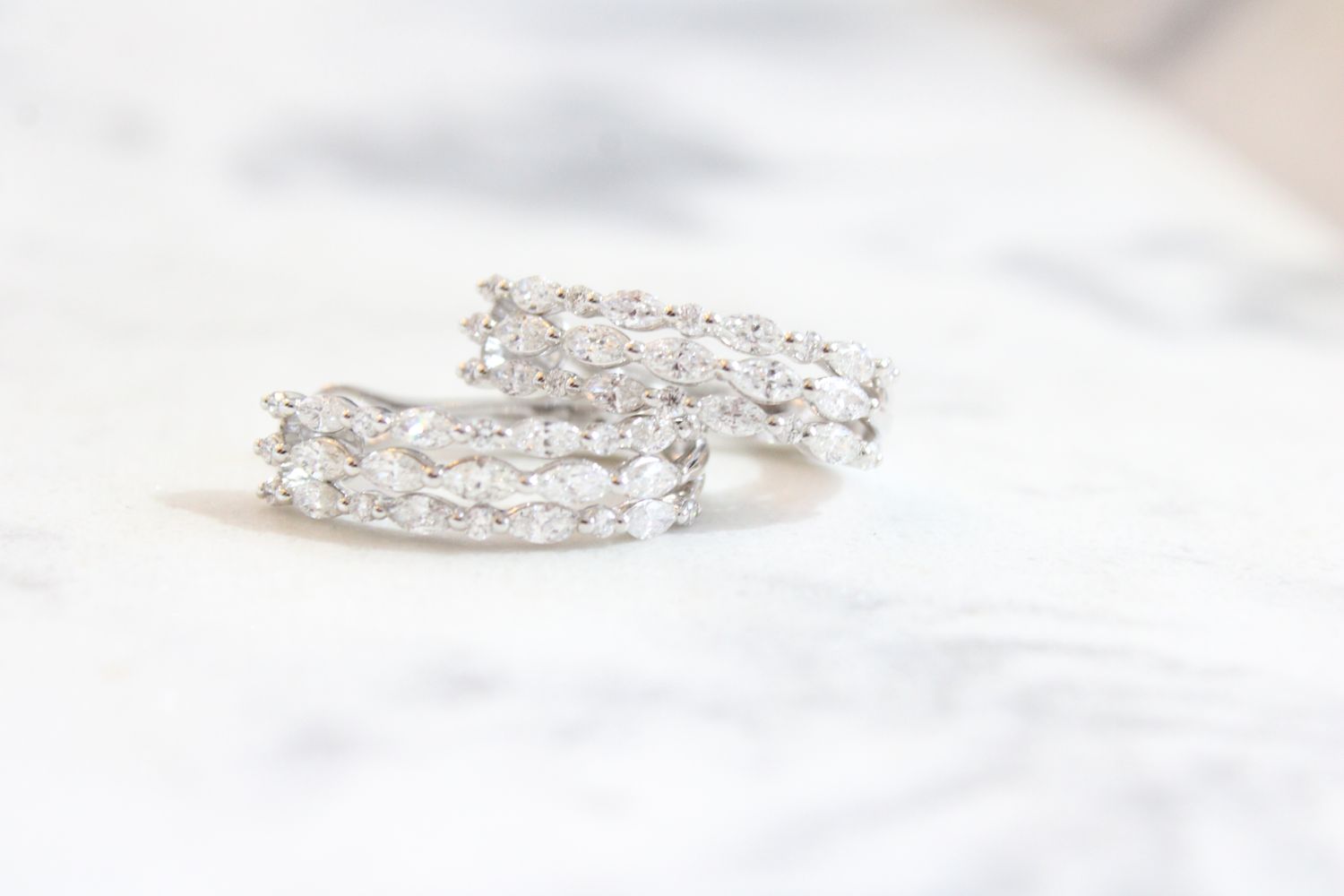 18K White Gold .83ct 24 Diamond Marquise 3 Row Hoop Earrings 18K White Gold .83ct 24 Diamond Marquise 3 Row Hoop Earrings