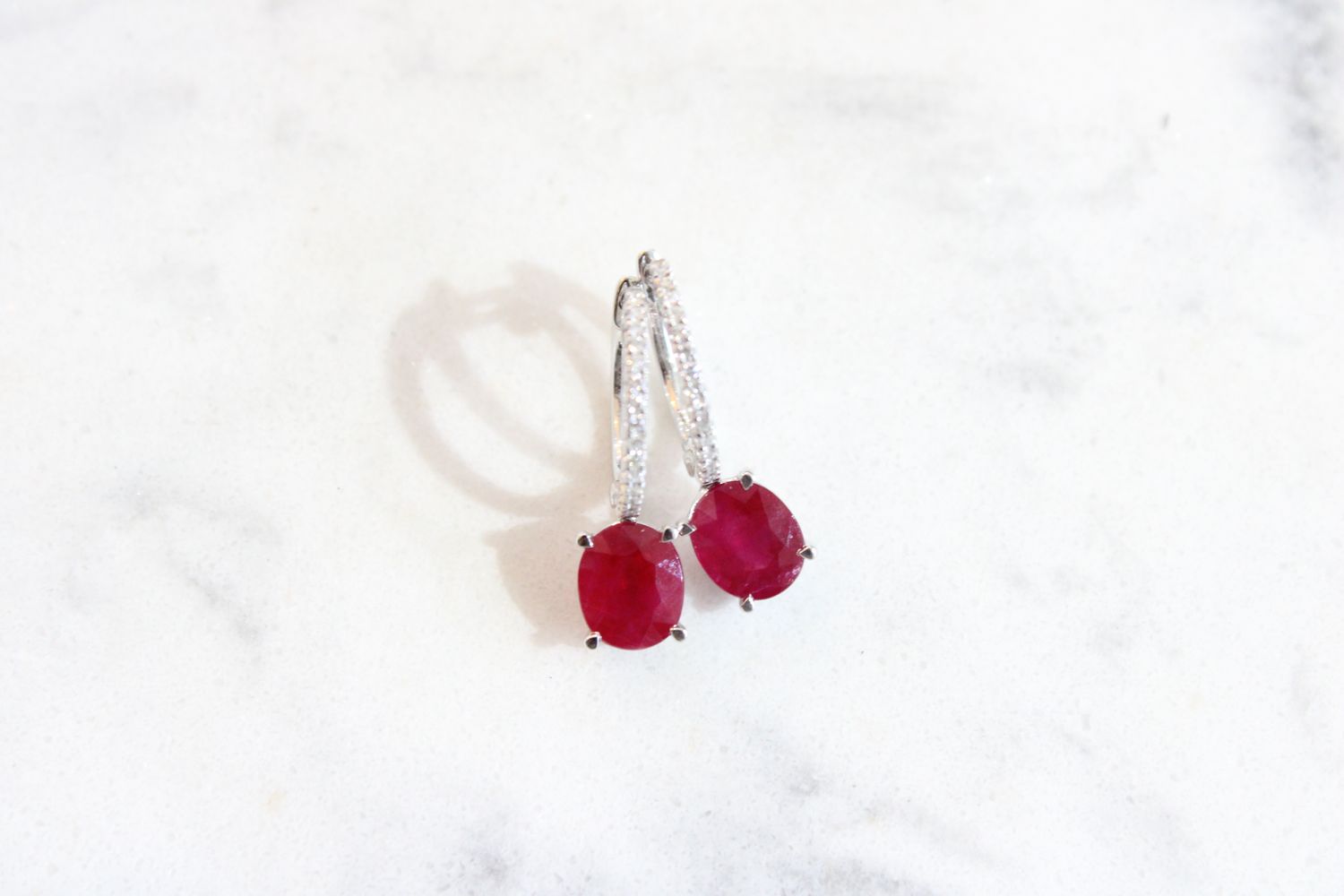 18K White gold Ruby and Diamond Earrings 2 Rubys 3.25ctw 30 Diamonds at .15ctw 18K White gold Ruby and Diamond Earrings 2 Rubys 3.25ctw 30 Diamonds at .15ctw