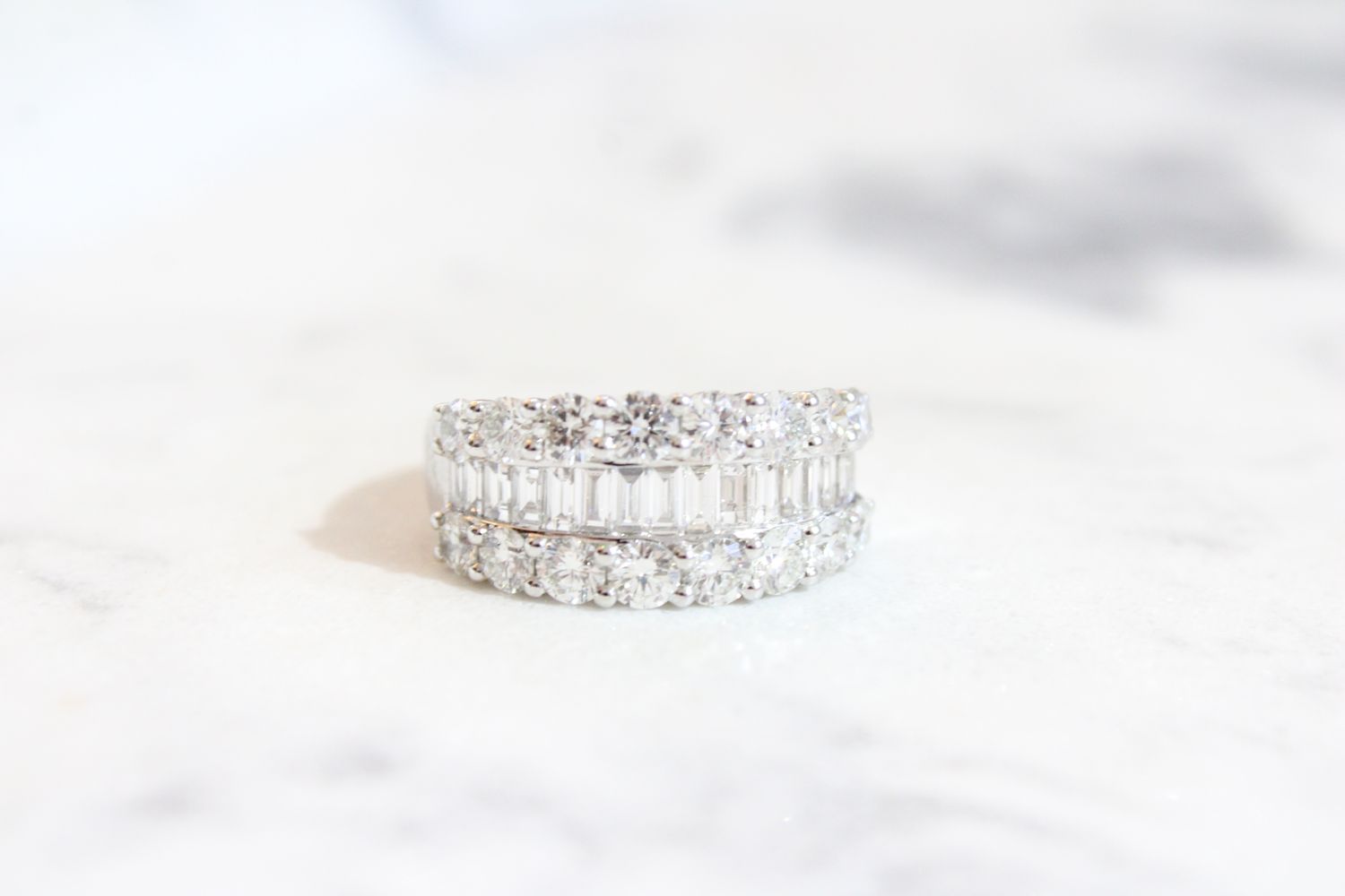 18K White Gold 2.58ct 3 Round Round and Emerald Cut Diamond Ring, 16 Round and 16 Emerald 18K White Gold 2.58ct 3 Round Round and Emerald Cut Diamond Ring, 16 Round and 16 Emerald