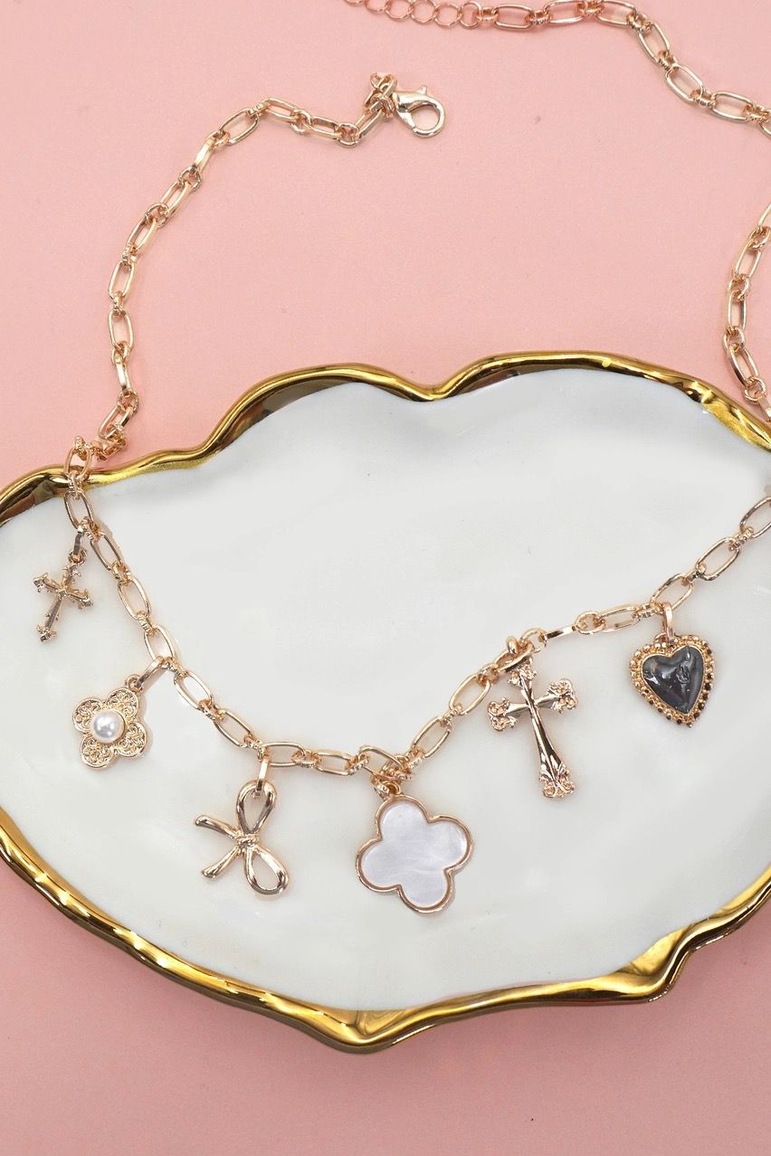 GOLD TONE CHARM NECKLACE- CLOVER BOW CROSS HEART FLOWER GOLD TONE CHARM NECKLACE- CLOVER BOW CROSS HEART FLOWER