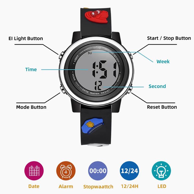Kids Black with First Responder Hats Digital Watch Kids Black with First Responder Hats Digital Watch