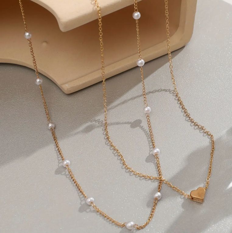 Stainless 18kt Yellow Gold Heart and Pearl Station Layered Necklace Stainless 18kt Yellow Gold Heart and Pearl Station Layered Necklace