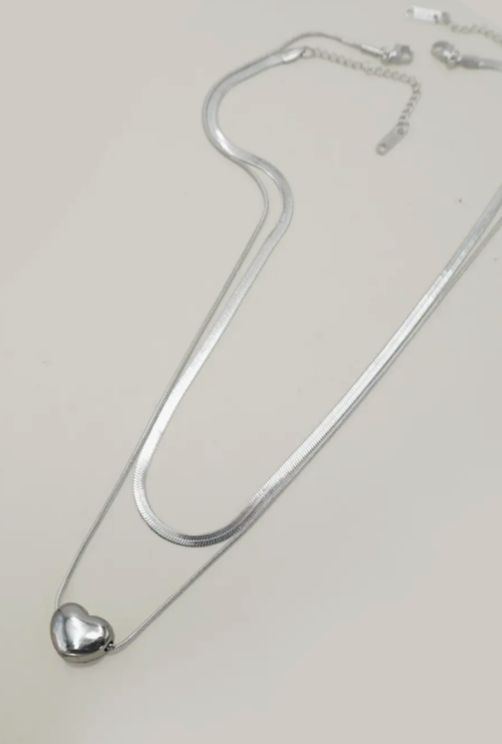 Double Layer Herringbone & Heart Non-Tarnish Necklace Double Layer Herringbone & Heart Non-Tarnish Necklace