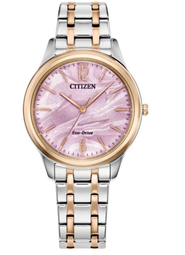 Ladies Ecodrive Stainless Steel and Rose Gold Tone Pink Dial Watch Ladies Ecodrive Stainless Steel and Rose Gold Tone Pink Dial Watch