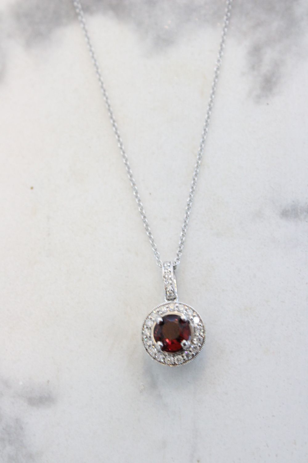 14K White Gold .89ct Garnet Surrounded By 44 Brilliant Diamonds.25ct Pendant Necklace 14K White Gold .89ct Garnet Surrounded By 44 Brilliant Diamonds.25ct Pendant Necklace