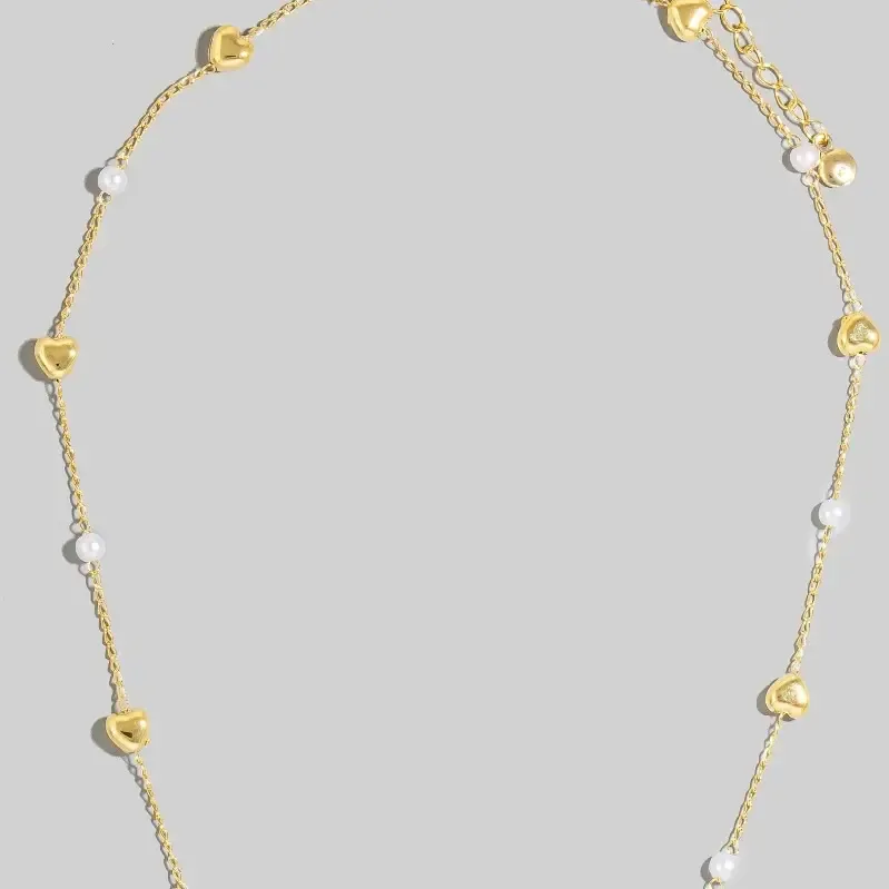 Pearl and Heart Station Charms Chain Necklace Pearl and Heart Station Charms Chain Necklace