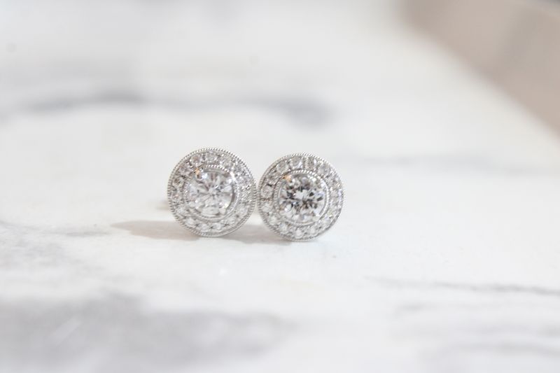 14kt White Gold 0.97ct Total Carat Diamond Halo Earrings 14kt White Gold 0.97ct Total Carat Diamond Halo Earrings