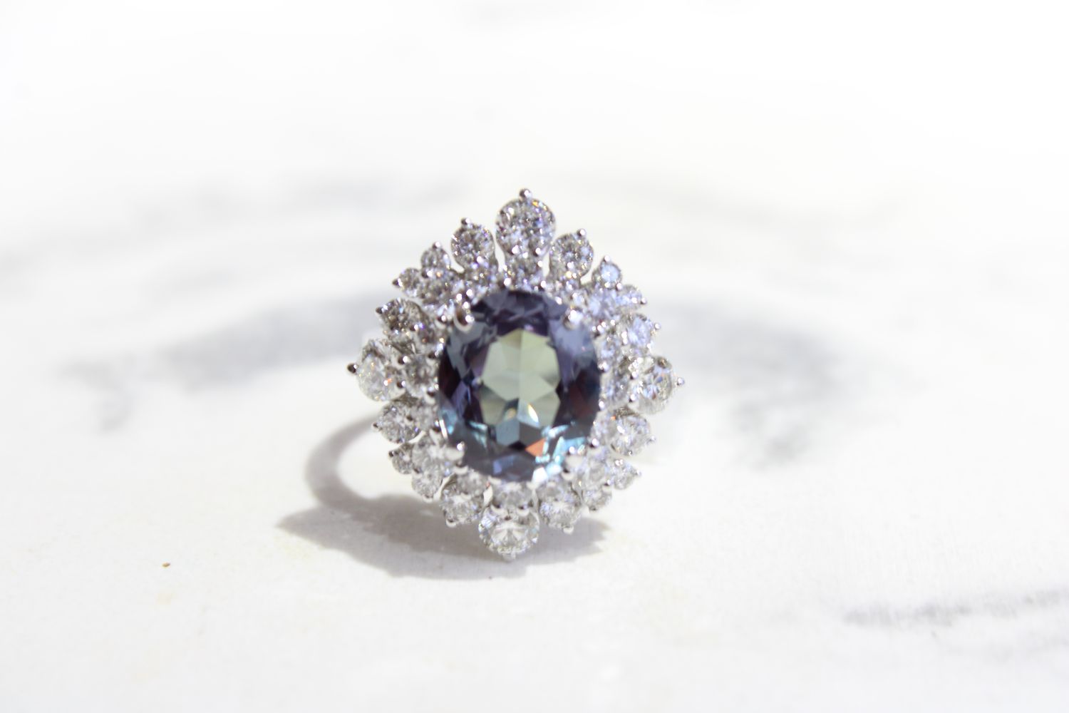 18kt White Gold Diamond and Color Changing Sapphire Cocktail Ring, 56 Round Diamonds @ 2.69ct, 4.5ct Sapphire 18kt White Gold Diamond and Color Changing Sapphire Cocktail Ring, 56 Round Diamonds @ 2.69ct, 4.5ct Sapphire