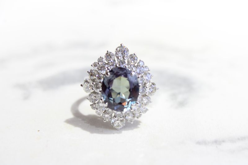 18kt White Gold Diamond and Color Changing Sapphire Cocktail Ring, 56 Round Diamonds @ 2.69ct, 4.5ct Sapphire 18kt White Gold Diamond and Color Changing Sapphire Cocktail Ring, 56 Round Diamonds @ 2.69ct, 4.5ct Sapphire