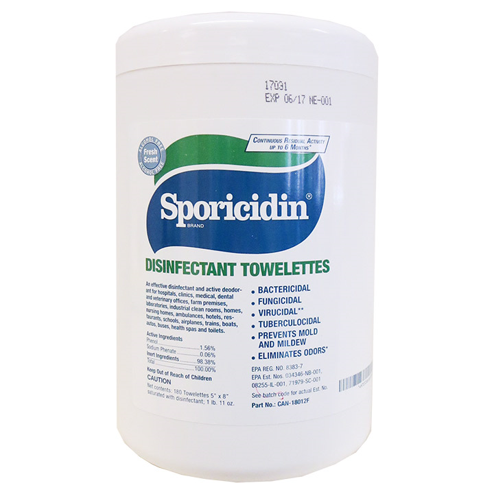 Sporicidin Disinfectant Towelettes, 9.5x12”, 85-count, Fresh Scent
