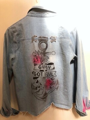 GYPSY GOT SOUL Anchor Custom Screen Printed Denim Jacket XL GYPSY GOT SOUL Anchor Custom Screen Printed Denim Jacket XL