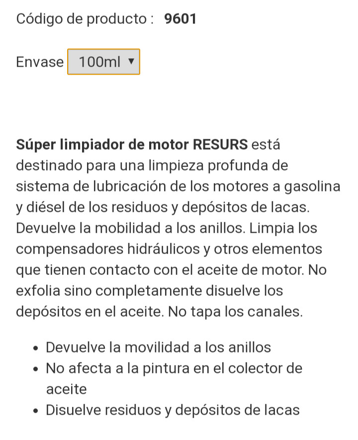 RESURS DE 100 ML. SUPER LIMPIADOR Y DESCARBONIZADOR PARA MOTOR.