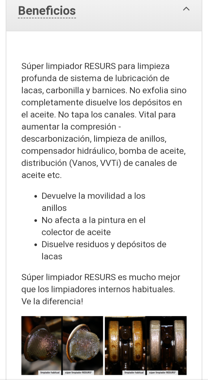 RESURS DE 100 ML. SUPER LIMPIADOR Y DESCARBONIZADOR PARA MOTOR.