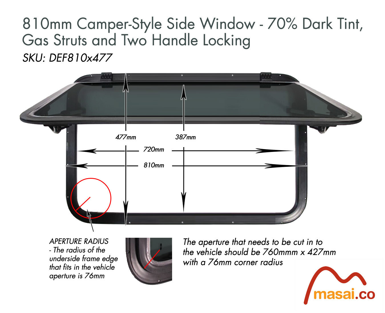 810mm x 477mm Camper Style Side Window - DARK tint