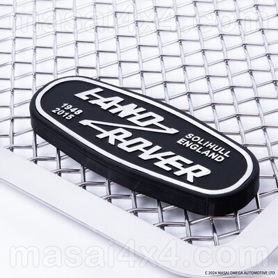 LAND ROVER DEFENDER HERITAGE ALUMINIUM BADGE (BLACK AND SILVER) WITH BADGE HOLDER DESIGNED BY MASAI