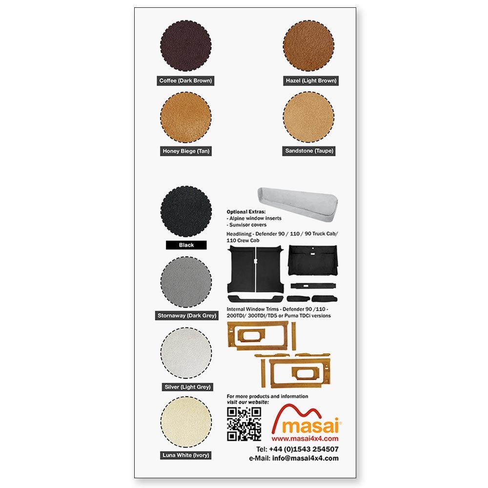 Free Swatches for Masai Headlining, Sun Visor Covers, Alpine Window Inserts and Internal Window Trim Products