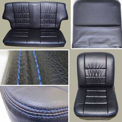 Classic Mini Replacement Seat Covers, Black with Blue Stitching, front and rear