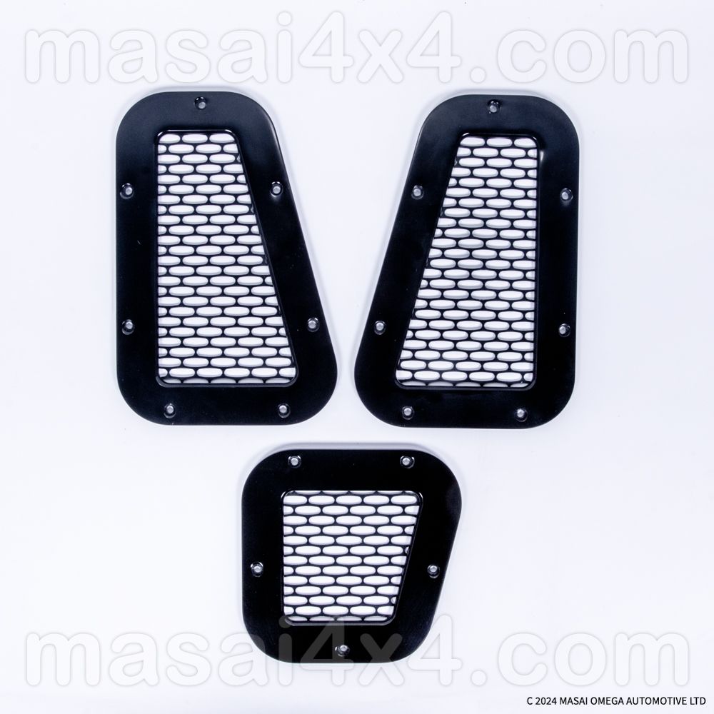 Masai 3-Piece Intake Billet Aluminium Side Vent Grille and Wing Top Vent Set - Defender 90/110 300TDI/TD5/Puma - 8mm Black Unbranded
