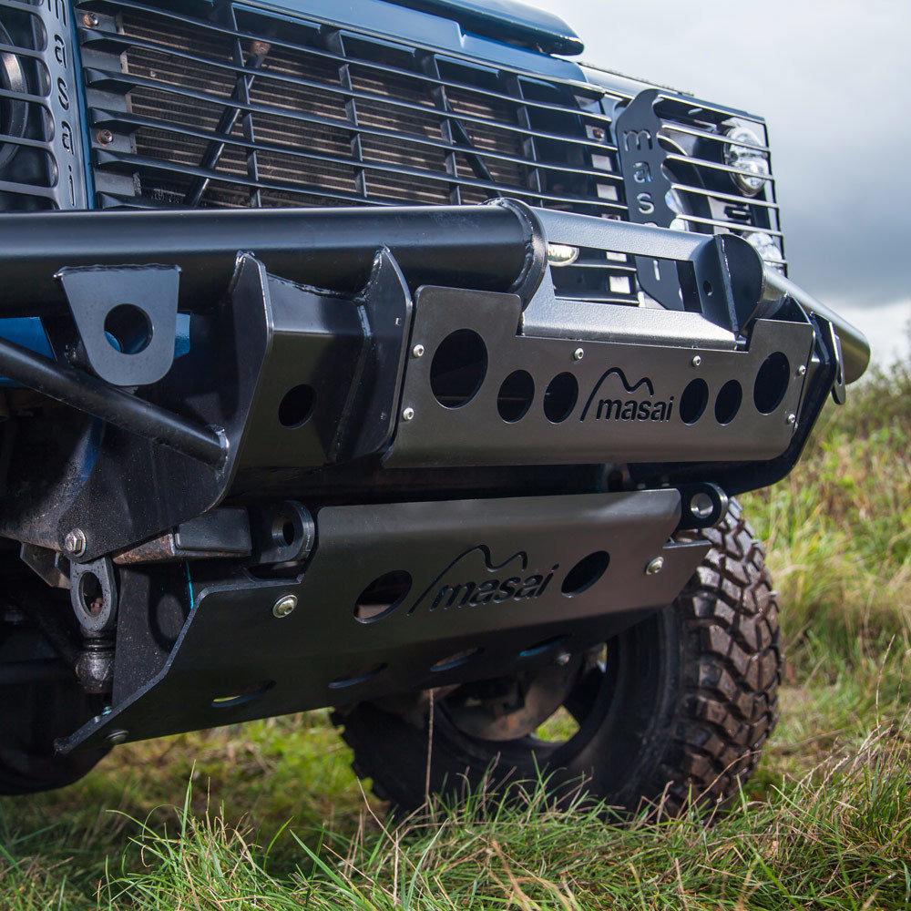 Tubular Winch Bumper for Land Rover Defender 90 / 110 (Masai Style), Front Plate Colour: Black Powder-coat paint