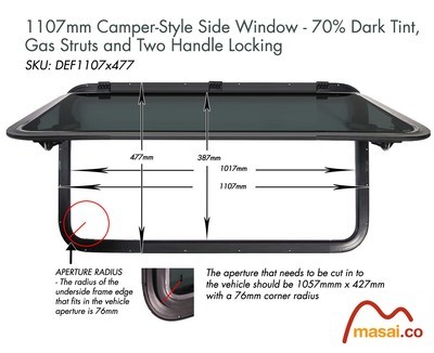 1107mm Camper Style Side Window - DARK tint