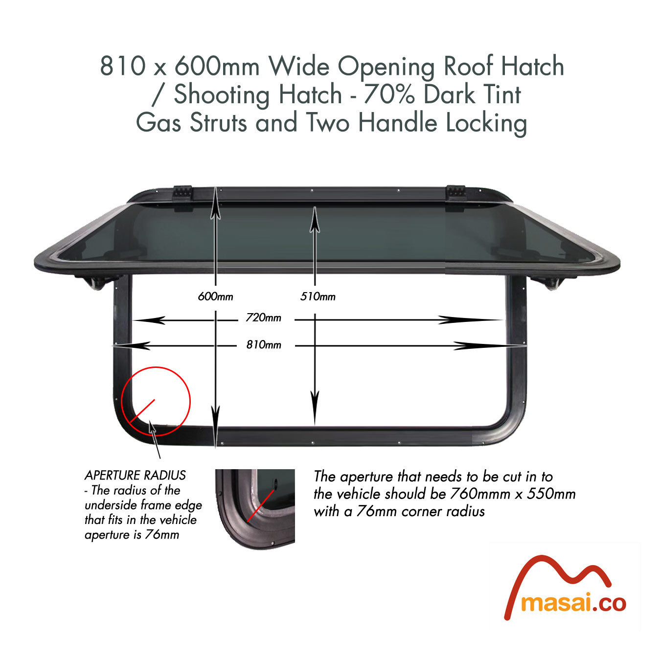 Wide Opening Roof Window / Shooting Hatch / Deck Hatch - 810 x 600 mm