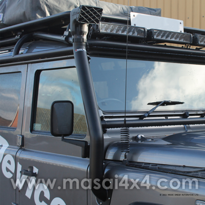 Safety Devices Frontier 3 Safety Devices Frontier 3" Snorkel for PUMA Defenders fitted with a Safety Device's Roll Cage