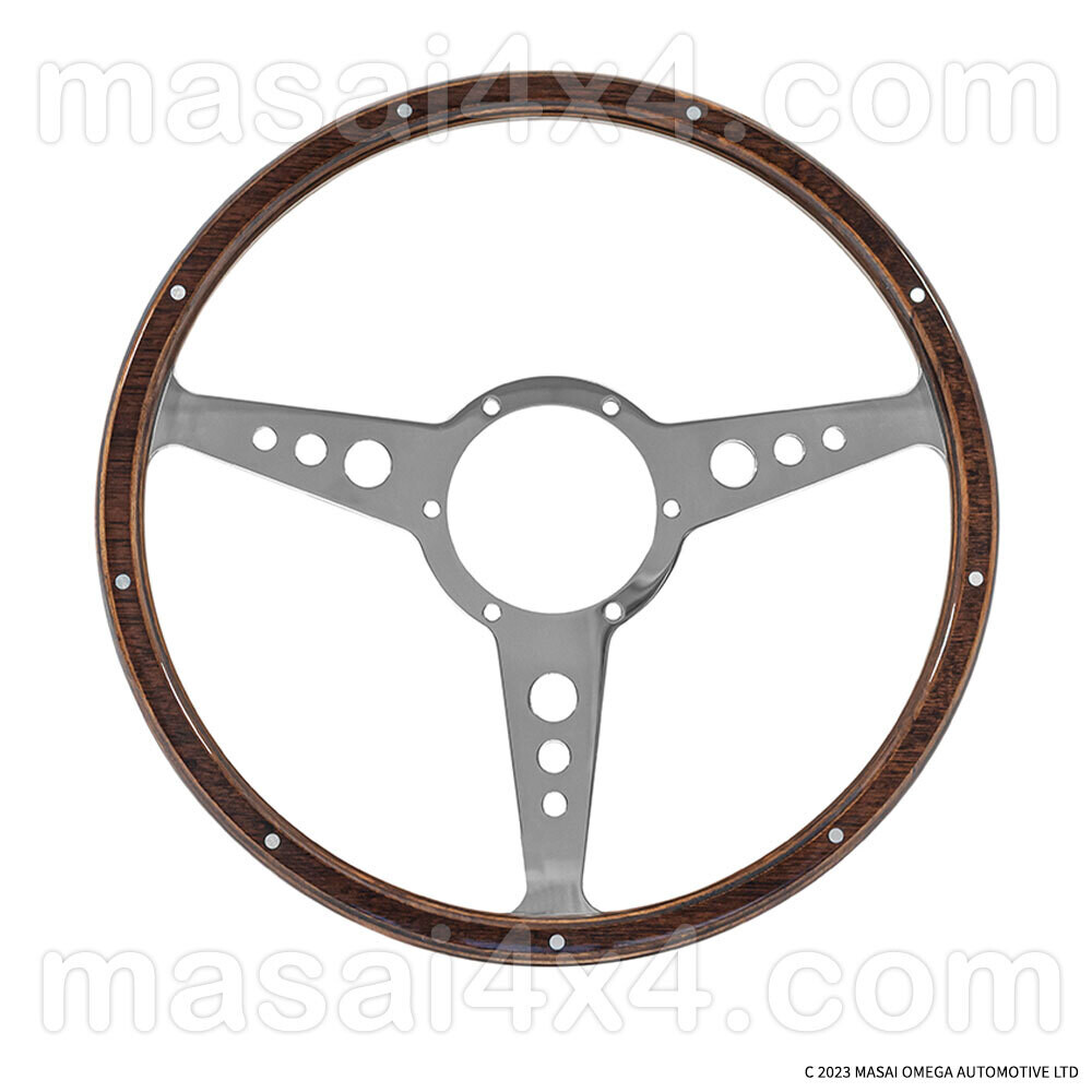 Mountney 15" Classic Steering Wheel for Defenders - Riveted Medium Brown Wood Trim