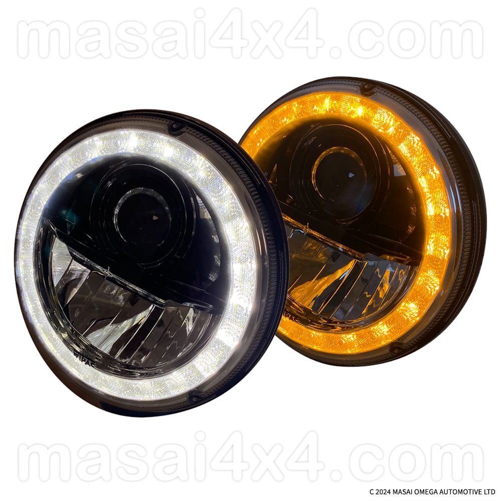 Pair of WIPAC 7 Pair of WIPAC 7" LED Headlights with Integral Indicators and DRLs, Type: For Right Hand Drive Vehicles, Select Colour: Black