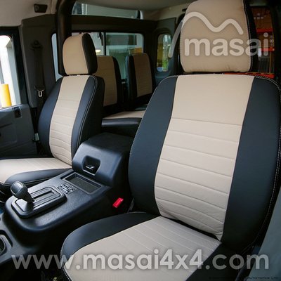 Front Seat Covers for Land Rover Defender 90 & 110 TD5, 200TDI & 300TDI - Masai Deluxe Style Cream & Black Fitted