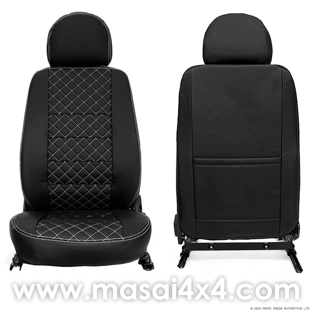 Seat Covers for Land Rover Defender PUMA/TDCi (07-16) - Diamond style, Seat covers required (buy separately): Front Seat Covers ONLY (Pair), Colour Style: Black with White Stitch
