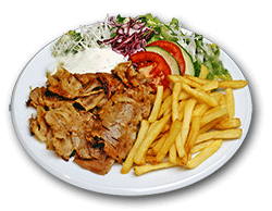 Döner Teller mit Pommes oder Reis, gemischtem Salat und Fladenbrot