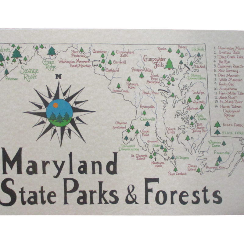Artist Drawn Map of Maryland State Parks & Forests