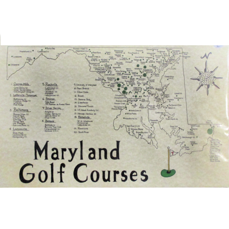 Artist drawn map of Maryland Golf Courses