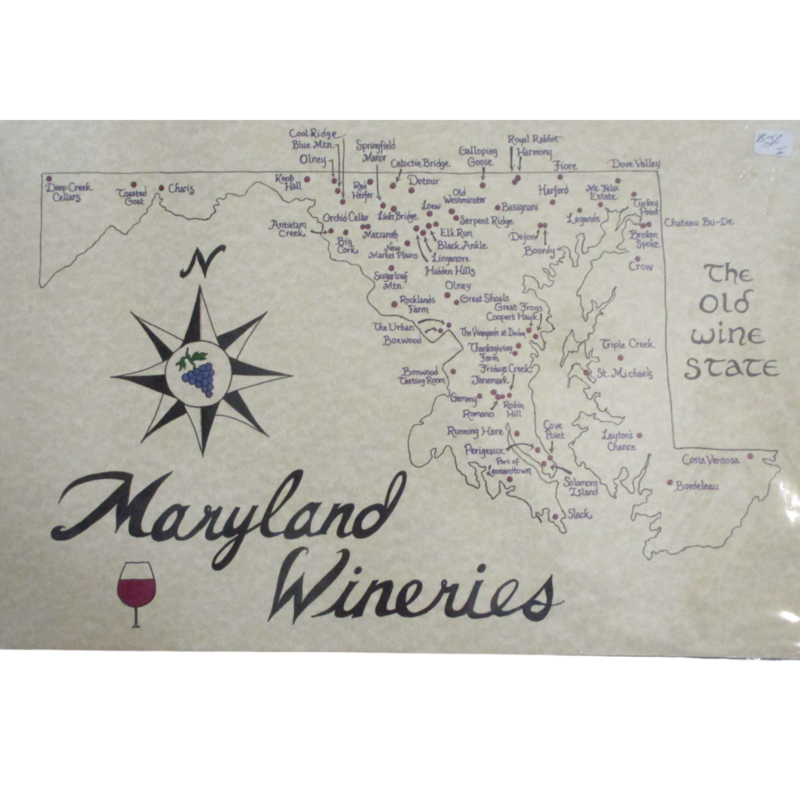 Artist drawn map of Maryland Wineries