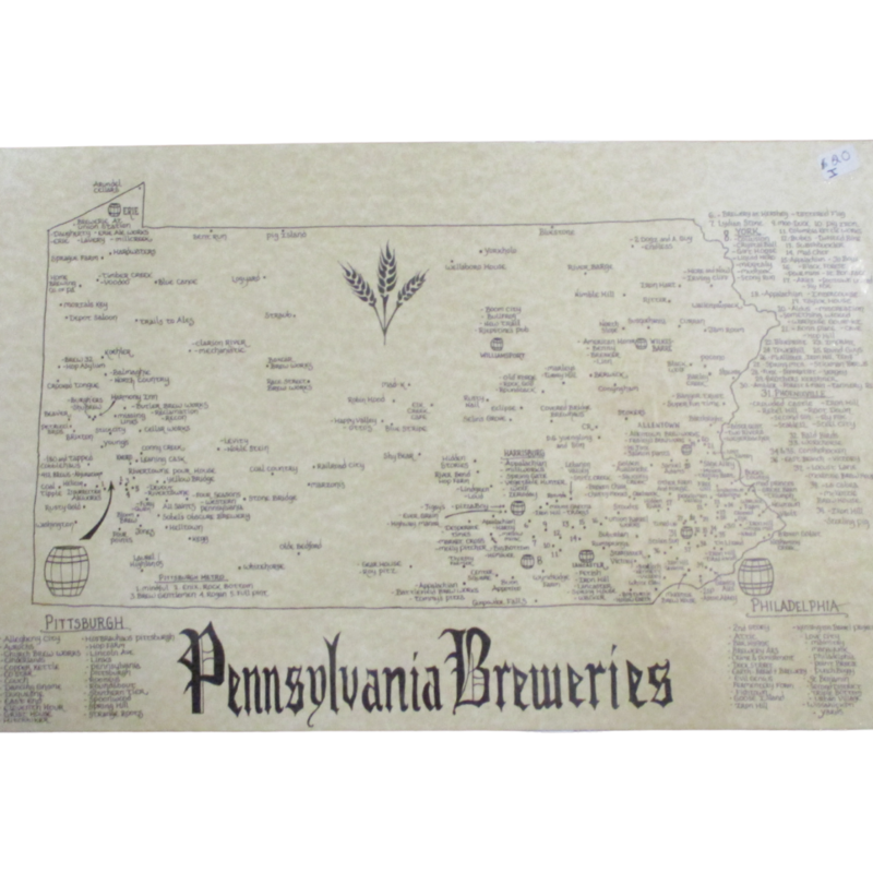 Artist drawn map of Pennsylvania Breweries