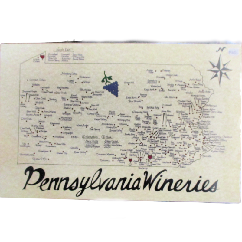Artist drawn map of Pennsylvania Wineries