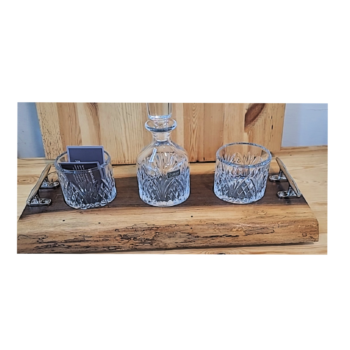 Live Edge Tray with crystal decanter and 2 glasses