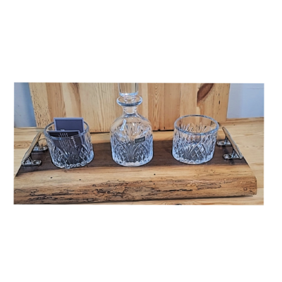 Live Edge Tray with crystal decanter and 2 glasses