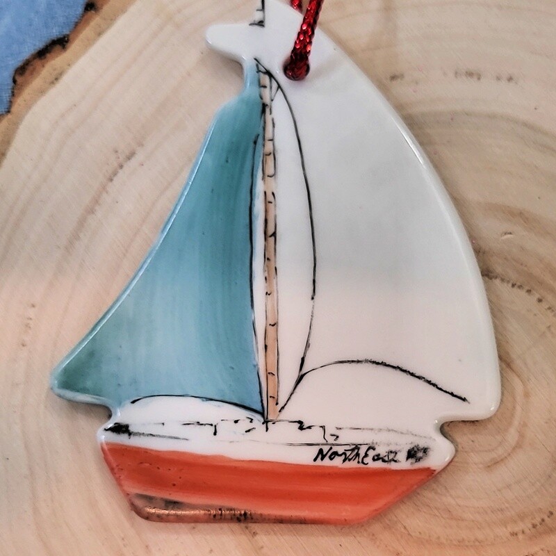 Hand Painted Porcelain, 2 sided Sailboat Ornament