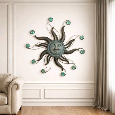 22" Verdigris Sun Face Wall Hanging with Ceramic Beads