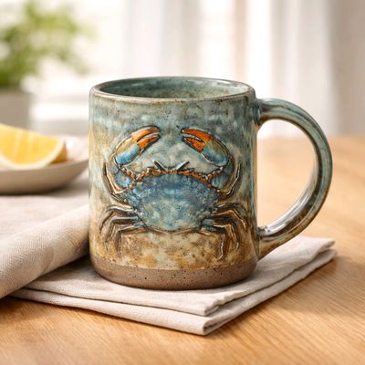 Handmade Pottery Mug with Crab Design by Perryville Couple Handmade Pottery Mug with Crab Design by Perryville Couple