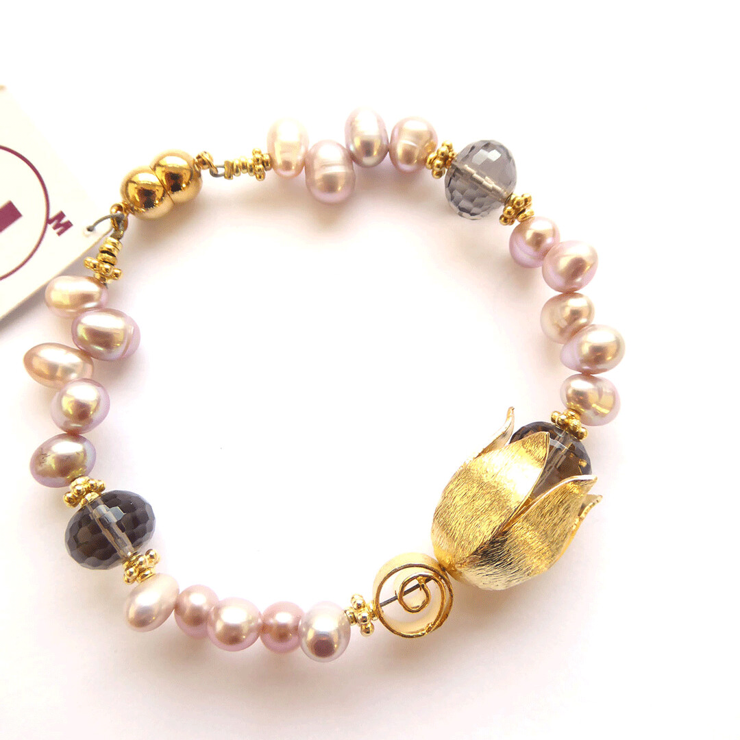 ?Armband aus Zuchtperlen, vergoldet, Rauchquarz