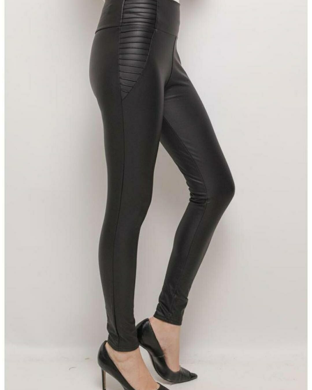 Ribbed Waist Vegan Leather Leggings