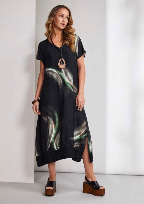 Naya Brushed stroke print dress with slit at sideseam
