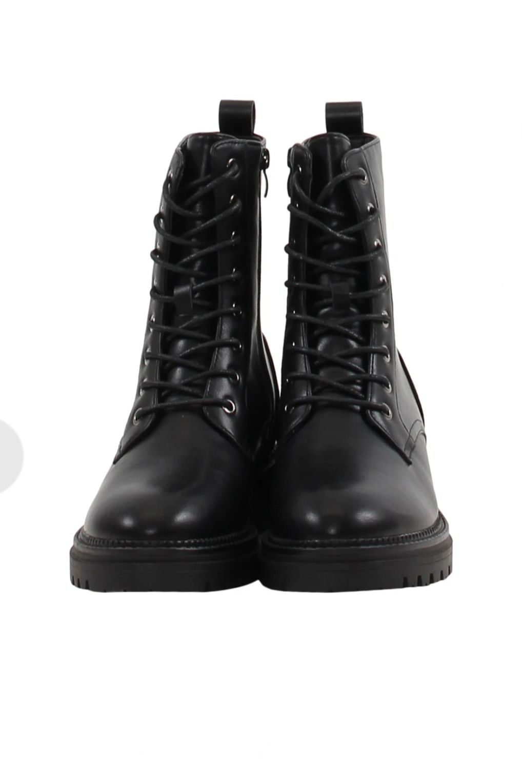 Women’s Black Combat Boots – Lace-Up Faux Leather Ankle Boots with Side Zipper