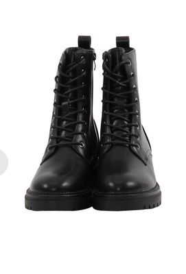 Women’s Black Combat Boots – Lace-Up Faux Leather Ankle Boots with Side Zipper