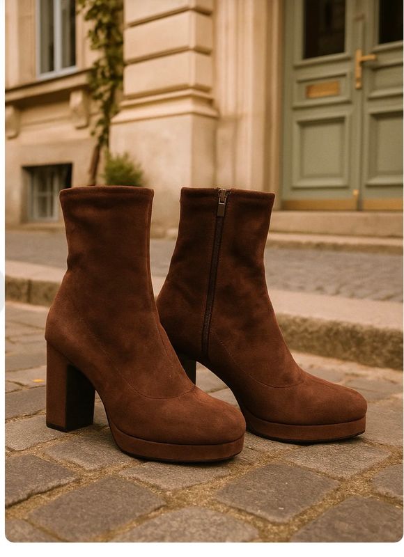 Suedette Sock Boots with Chunky Heel and Platform
