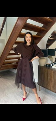 KNIT TOP OVER DRESS WITH PLEATED TULLE SKIRT