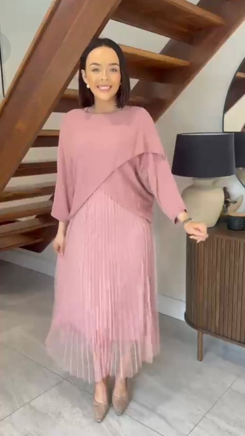 KNIT TOP OVER DRESS WITH PLEATED TULLE SKIRT