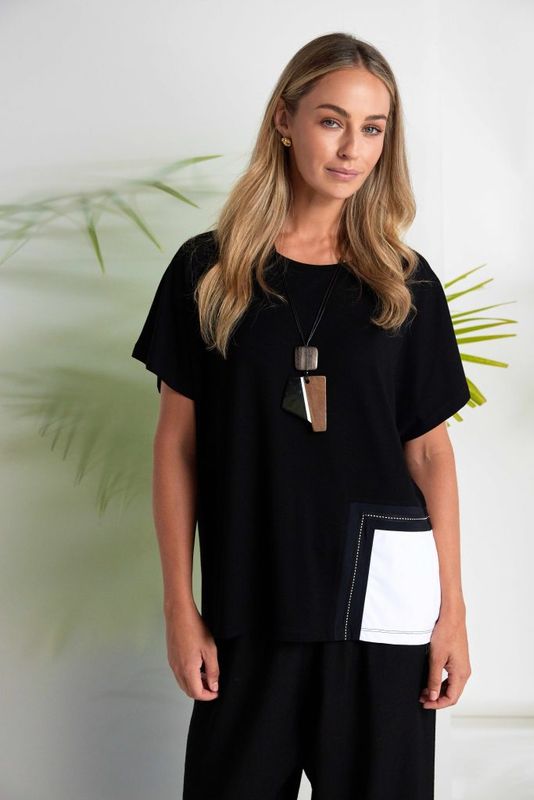 NAYA ROUND NECK TOP WITH CONTRAST POCKET AND STITCH DETAIL